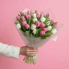 29 бело-розовых тюльпанов