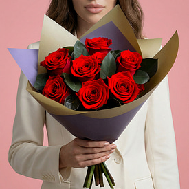 9 красных роз и эвкалипт